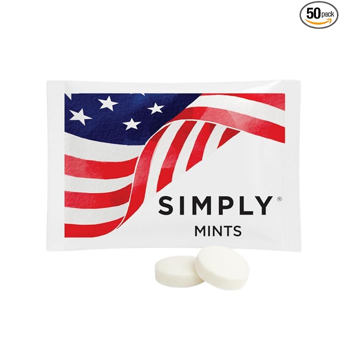 SIMPLY Peppermint "US FLAG" Individually Wrapped Breath Mints in Bulk, 50 Packets (2 per Packet) | Perfect for Office, School, Travel, Party Favors, Restaurants & Hospitality, Fourth of July
