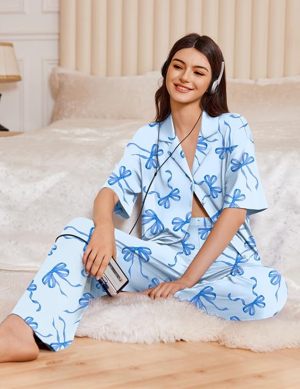 Ekouaer Women Pajamas Set Button Down Sleepwear Short Sleeve Pjs Long Pants - Image 4