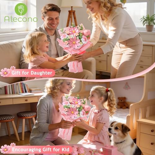 Alecono Crochet Flower Bouquet, Pink Handmade Knitted Flowers, Crochet Tulips Galsang Flower for Mother's Day Anniversary Birthday Graduation Lover Valentines Day Gifts (with Card) - Image 5