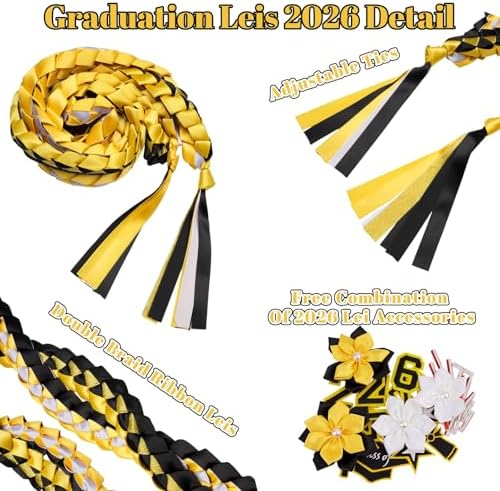 Class of 2026 Graduation Leis,Double Black & Gold Graduation Ribbon Lei with Dly Butterfly Flower Accessories, Graduation Gift for Her Him Graduate - Image 4
