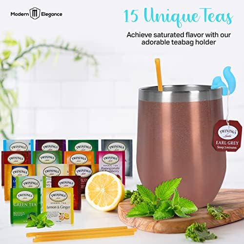 Modern Elegance Tea Tumbler Gift Set – Includes Tea Bag Holder, Spoon, Honey Straw, 15 Assorted Flavor Blends & Hot & Cold 12oz Insulated Tumbler – Ideal for Holiday Gift for Tea Lovers – Rose Gold - Image 3