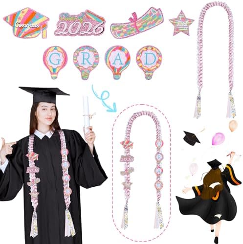 Class of 2026 Graduation Leis,Pink & White Graduation Ribbon Necklace Lei with DIY Accessories Pins,Graduation Gift for Her Him Girl - Image 2