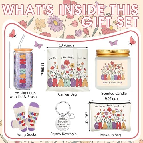 Funnymoom 6 Pcs Grandma Gifts for Women, Best Grandma Birthday Gift from Granddaughter Grandchildren Grand kids, 17 oz Glass Cup Canvas Tote Bag for Birthday - Image 3