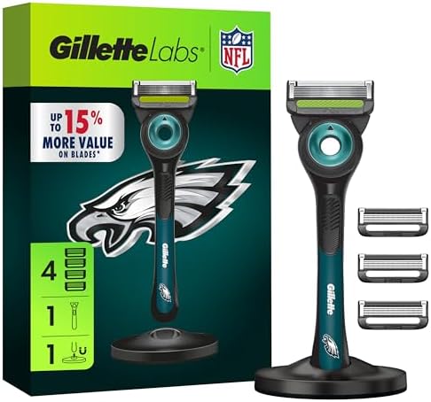 Gillette Labs Special NFL Eagles Edition Shaving Razor for Men - 1 Handle, 4 Razor Blade Refills & Magnetic Stand, GilletteLabs with Exfoliating Bar by Gillette