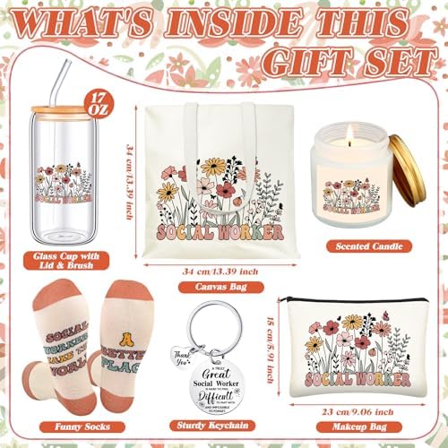 Funnymoom 6 Pcs Social Worker Gifts for Women School Social Worker Must Haves Appreciation Gifts for Housekeeping Volunteer with 17 Oz Glass Cup Canvas Tote Bag Key Chain - Image 3