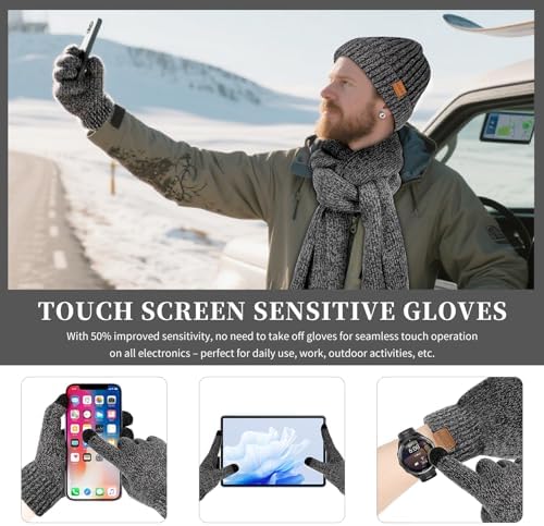 Winter Beanie Hats Long Neck Scarf for Men and Touchscreen Gloves 3PCS Set - Image 4