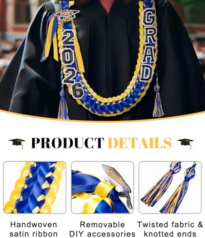 ALKB 2026 Graduation Lei Set - Two-Tone Braided Ribbon with Honor Cord, Unisex Graduation Gift for Graduates, Polyester - Image 4