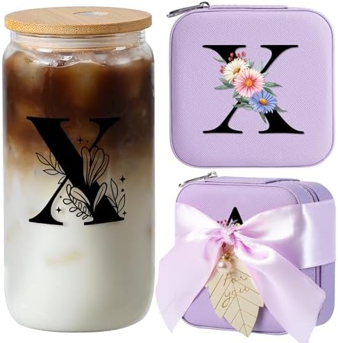 AYGXU Personalized gifts for bridesmaid,16oz glass cups with lid and straw,Jewelry Organizer,Graduation Travel Gifts for Women,Personalized Travel Mini Jewelry Case,Initial X purple by AYGXU