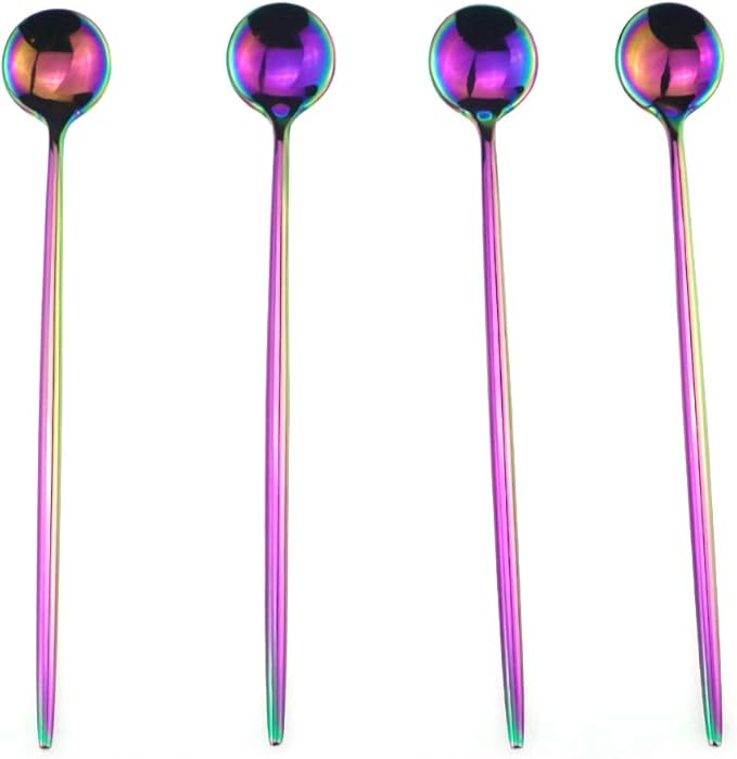 Gugrida 4-Piece 18/10 Stainless Steel Luxury Mirror Polished Rainbow Colorful Long Handle Spoon Coffee Milk Spoon Stirring spoon Silverware Flatware Cutlery