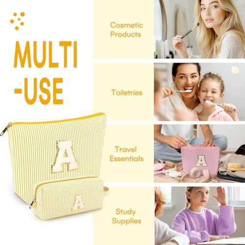 2 PCS Initial Makeup Bags for Women: Cosmetic Bag for Travel Toiletry - Birthday Gifts for 11 12 13 14 15 16 17 18 Years Old Girl Graduation Teacher Gift- Teen Girl Gifts Trendy Stuff - Yellow K - Image 4