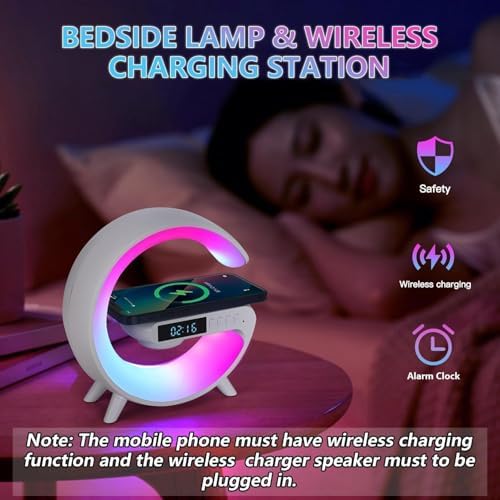 Mini Smart LED Table Lamp, 4-in-1 Wireless Charger, Wireless Charger with Speaker,Night Light, Alarm Clock, and Bluetooth Speaker for Bedroom and Home Decor (White) - Image 3