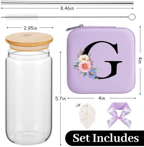 AYGXU Travel essential jewelry box,16oz Glass Cups with Bamboo Lids and Straws set,Personalized Jewelry Boxes for Women Girls,Travel Gifts for Women,Birthday Gifts for Girls,Initial G purple - Image 2