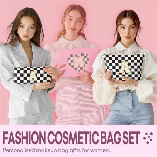 mibasies 2 PCS Initial Makeup Bags for Women: Cosmetic Bag for Travel Toiletry - Birthday Gifts for Teen Girl Gifts Trendy Stuff - Graduation Teacher Gift for Girlfriend -Checkered Black C - Image 5