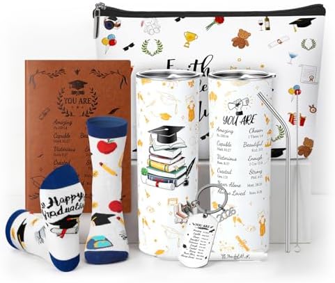 Patelai 6 Pcs 2026 Christian Graduation Gifts Set Congrats Grad Gift Basket for College High School Bible Verse Graduation Gift with Tumbler Keychain Makeup Bag Notebook Pen Sock for Graduates Her Him by Patelai
