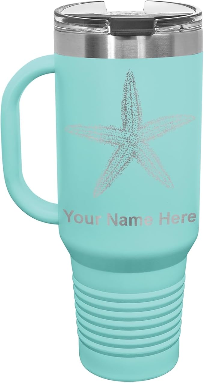 LaserGram 40oz Vacuum Insulated Travel Mug with Handle, Starfish, Personalized Engraving Included (Teal)