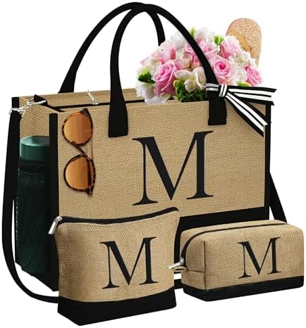 YOOLIFE Personalized Gifts for Women, Initial Jute Tote Bag & 2 Makeup Bags by YOOLIFE