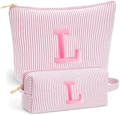 Travel Toiletry and Makeup Bag - Travel Essentials for Women, Light Pink Initial Makeup Bags for Hair Ties, Clips, Brushes, Sponges, Lipsticks, Blush, Eyelash Curler, Easy to Carry, Letter L by Fohufo