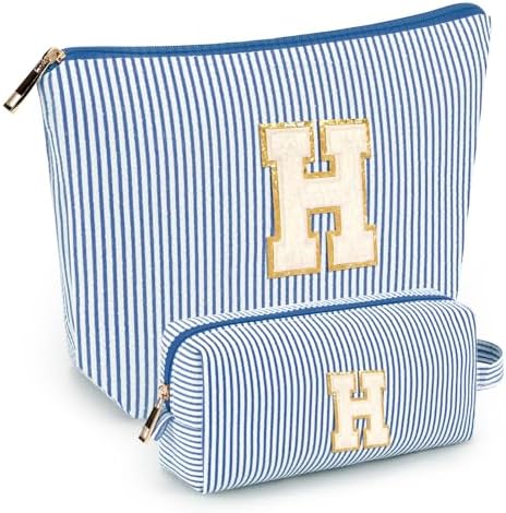 2 PCS Initial Makeup Bags for Women: Cosmetic Bag for Travel Toiletry - Birthday Gifts for 11 12 13 14 15 16 17 18 Years Old Girl Graduation Teacher Gift- Teen Girl Gifts Trendy Stuff - Blue H by mibasies