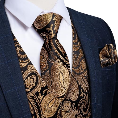 DiBanGu Mens Vest and Tie Set Formal Paisley Waistcoat and Necktie Pocket Square Cufflinks Silk Suit Vest for Tuxedo Wedding - Image 3