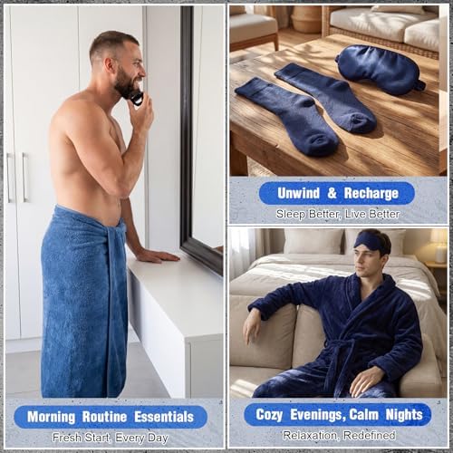 9 Pcs Birthday Gifts for Men Beard Care Set for Him Father's Gifts Basket Kit Get Well Soon Gift Basket with Hooded Robe, Long Towel, Socks for Dad Grandpa Husband Boyfriend(Navy) - Image 6