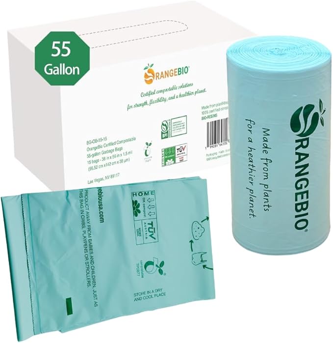 100% Certified Home Compostable Trash Bags, 55 Gallon, 15 Count, 1.5 Mils Extra Thick 38 x 56 Inches, 208 Liter, Compostable Liners, ASTM D6400 EN 13432 US BPI & OK Compost Home Certified