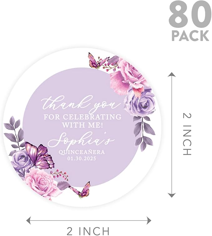 Andaz Press 40-Pack Personalized 2" Round Circle Quinceañera Labels, Lilac Butterflies Custom Thank You Sticker Labels for Quince Años, XV, 15th Birthday Favor Gifts, Quinceanera Decorations