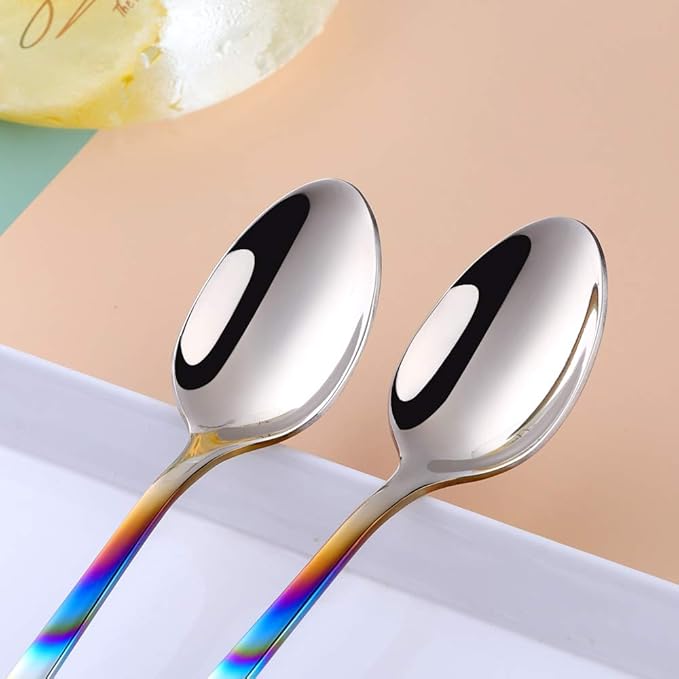 Buyer Star Long Handle Iced Tea Spoons Set of 6, 8 inch 18/10 Heavy Duty Coffee Spoon Sets for Mixing, Cocktail Stirring, Tea, Coffee, Milkshake, Cold Drink (Gradient Rainbow)