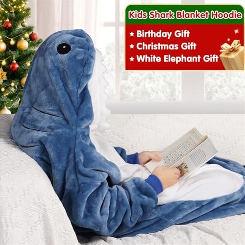 Waitu Shark Wearable Blanket for Kids, Shark Blanket Hoodie Funny Birthday Gifts for Women Men Boys Girls, Shark Hooded Blanket Cute Flannel Shark Costume for Shark Lovers (Kids, Blue) - Image 3