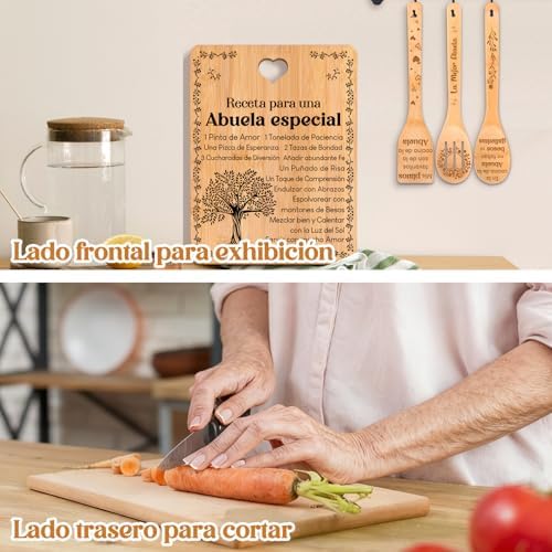 Regalos de cumpleaños para Abuela - "Receta para una Abuela especial". Juego de tablas de cortar y utensilios de bambú grabados. Regalos de cumpleaños para Abuela. Spanish Grandma Cutting Board - Image 5