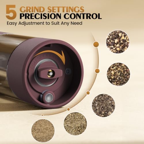 Electric Salt and Pepper Grinder Set Automatic Battery Pepper Mill Shakers Adjustable Coarseness Upgraded Larger Capacity with Led Home and Kitchen Appliances(Burgundy) - Image 2