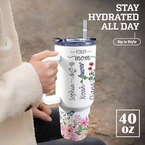 Gifts for Mom from Daughter Son, Personalized Mama Bear Tumbler with Handle and Straw, Custom Mom Coffee Tumbler with Kids Names, Personalized Mothers Day Gift for Women, Her, New Mom, Grandma - Image 4