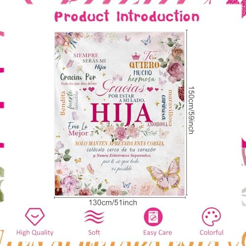 Wxiben Spanish Daughter Blanket Gifts - Regalos para Hija Daughter’s Gifts from Dad Mom Regalo De Mamá para Hija Regalo De Cumpleaños Navidad Hija Daughter in Spanish Throw Blanket for Couch 60x50in - Image 2