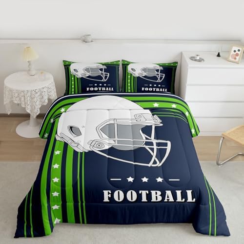 Erosebridal Queen Size Bedding Sets for Boys Gridiron Comforter Set, Football Game Sports Theme Bed Comforter Set Navy Blue Fluorescent Green Duvet Set with 2 Pillowcases - Image 3