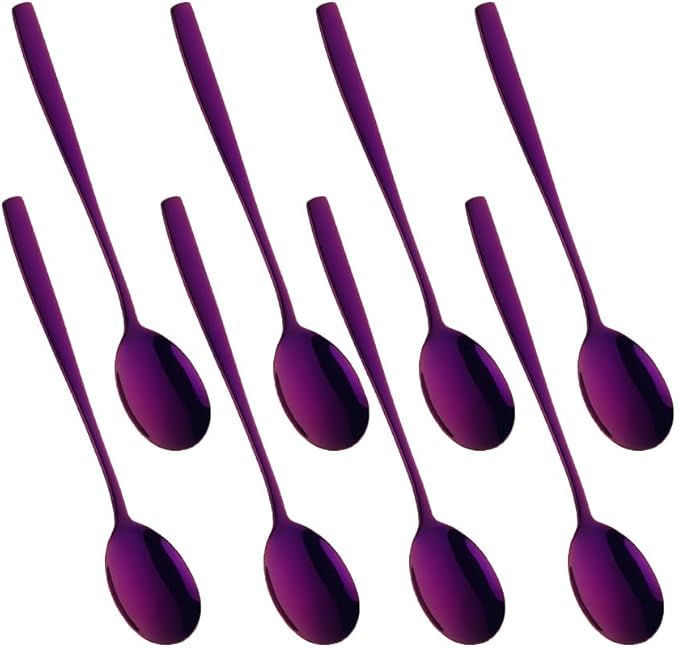 Metal Round Spoons, 8 inch Stainless Steel Reusable Long Handle Korean Soup Spoons, Table Dinner Desert Spoon Set of 8 (Purple)