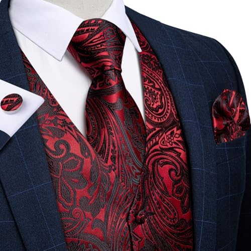 DiBanGu Mens Vest and Tie Set Formal Paisley Waistcoat and Necktie Pocket Square Cufflinks Silk Suit Vest for Tuxedo Wedding - Image 3