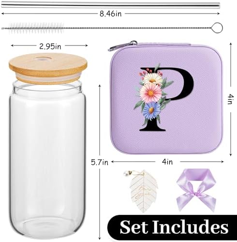 AYGXU Travel Jewelry Organizer,16oz glass cups with bamboo lids,aesthetic cups,coffee cups,Graduation Travel Essentials Small Jewelry Box,Personalized Jewelry Boxes for Women,Initial P purple - Image 2