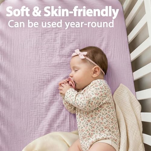 Pro Goleem Muslin Pack n Play Sheets for Girls, Soft Breathable Cotton Fitted Mini Crib Sheets, Baby Sheets for Playard Mattress, 2 Pack (Pink＆Purple) - Image 3