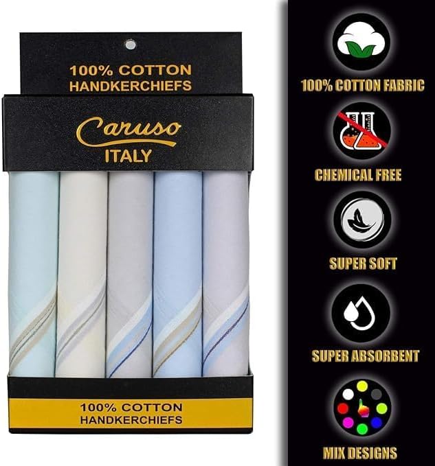 Caruso Italy Men's Premium 100% Pure Cotton Handkerchief Colored Border - (46x46 cm)