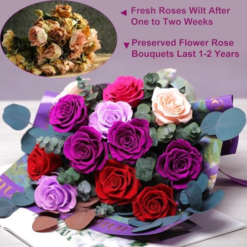 Lovenfold Flowers for Delivery Birthday Flowers Gift for Her,Preserved Flowers Bouquet 12 Roses Mixed Bouquet,Rose Gifts for Women Mom Grandma(Mixed 12 Purple-A Roses) - Image 2