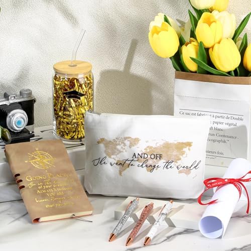 Domensi 6 Pcs Class of 2026 Graduation Gift for Her 16oz Glass Cup Makeup Bag Compass Journal Ballpoint Pens Inspirational Graduation Gift Set for College High School Daughter Sister Friend(Brown) - Image 5