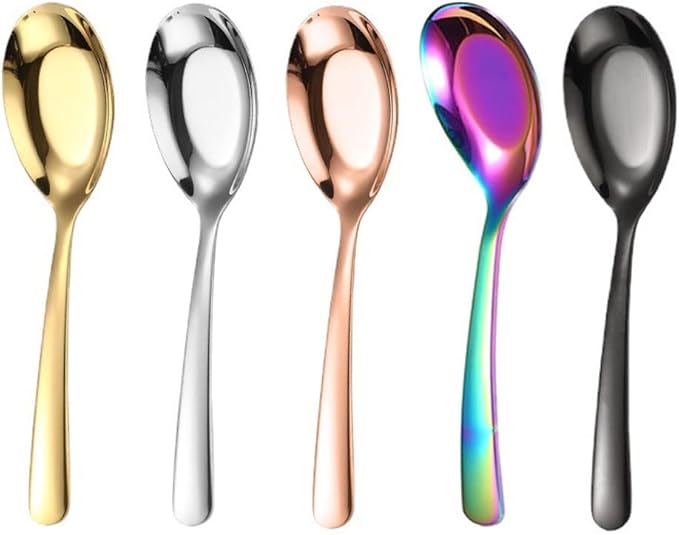 5 PCS Stainless Steel Mirror Finish Soup & Dessert Spoons for Soup, Rice, Tea, Milk, Coffee & Dessert (Multicolor)