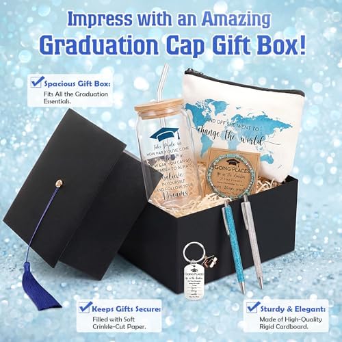 Vesici 8 Pcs Class of 2026 Graduation Gift Box Set for Women Her Grad Cap Box Glass Cup Makeup Bag Bracelet Pen Keychain College High School Graduation Gift for Daughter Sister Friend(Blue) - Image 3