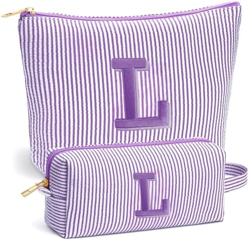 Travel Toiletry and Makeup Bag - Travel Essentials for Women, Purple Initial Makeup Bags for Hair Ties, Clips, Brushes, Sponges, Lipsticks, Blush, Eyelash Curler, Easy to Carry, Purple Letter L by Fohufo