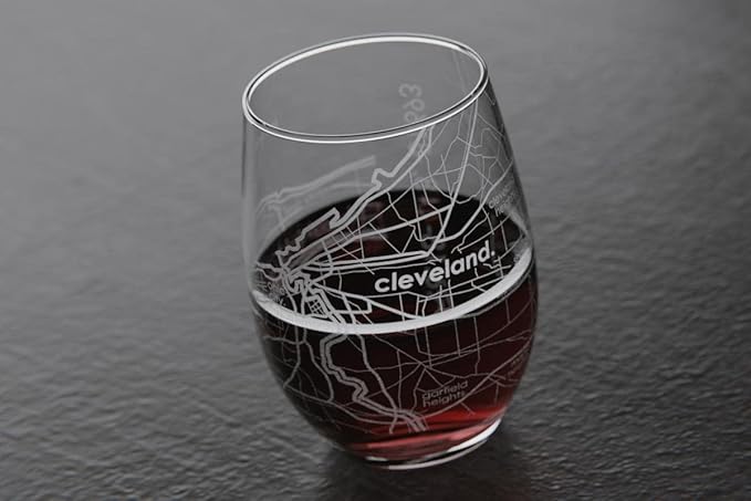 Well Told Engraved Cleveland Ohio Map Stemless Wine Glass, Etched Glass (15 oz, Clear) City Custom Gifts for Lovers