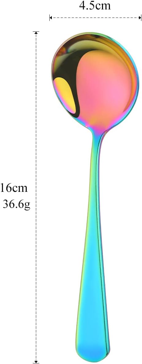 Buyer Star 8 Pieces Stainless Steel Round Soup Spoon, 6.3 Inch Mirror Polished Spoon Cutlery, Dishwasher Safe (Rainbow)