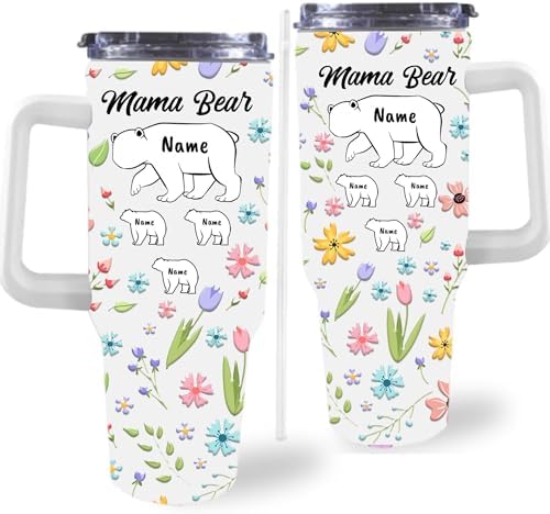 Gifts for Mom from Daughter Son, 40OZ Personalized Mama Bear Tumbler with Handle and Straw, Custom Mom Coffee Tumbler with Kids Names, Personalized Birthday Mothers Day Gift for Women, Her, Grandma by Artsadd