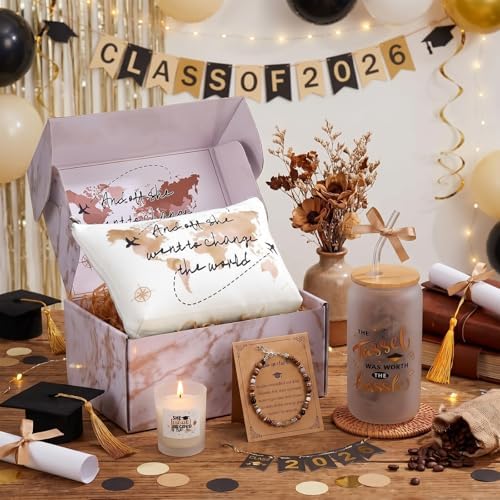 Potchen 7 Pcs Graduation Gifts for Girl Her Class of 2026 College High Graduation Gifts Box Set with 16oz Glass Cup Cosmetic Bag Bracelet Scented Candle with Box for Women Daughter Friend(Brown) - Image 2