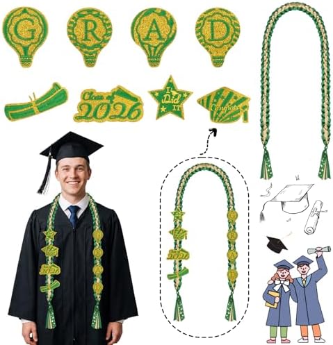 Class of 2026 Graduation Leis,Green&Gold Double Layer Satin Ribbon with 8Pcs Graduation Charms,Grad Party Decorations,Class of 2026 Graduation Leis Gifts for High School Graduates - Image 4