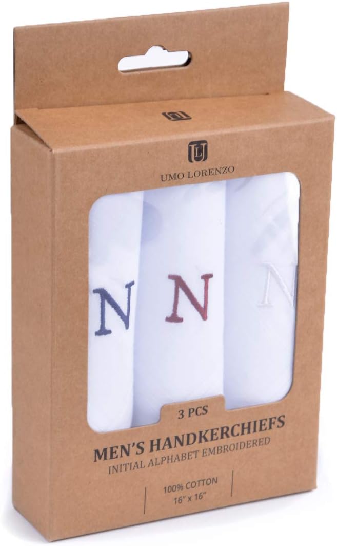 Initial Handkerchief for Men, Monogrammed Boxed 3 Piece Set,100% Cotton