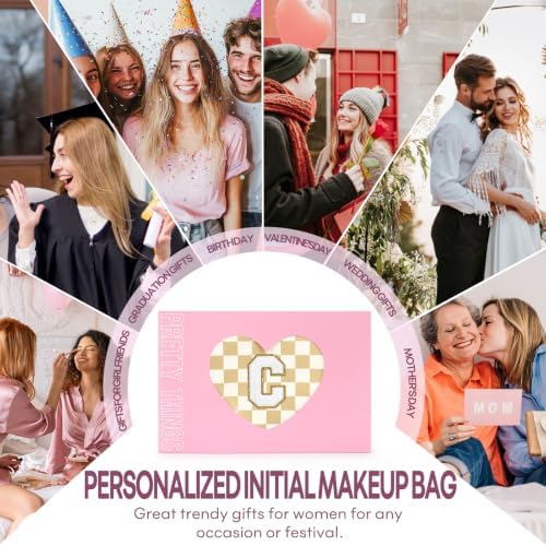 mibasies 2 PCS Initial Makeup Bags for Women: Cosmetic Bag for Travel Toiletry - Birthday Gifts for Teen Girl Gifts Trendy Stuff - Graduation Teacher Gift for Girlfriend -Checkered Brown C - Image 6